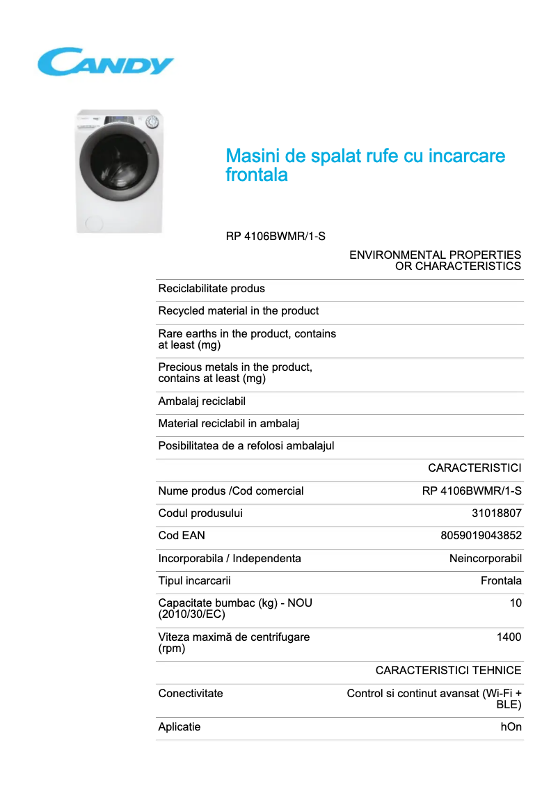 Page 1 of the manual Technical Sheet Candy RP 4106BWMR/1-S