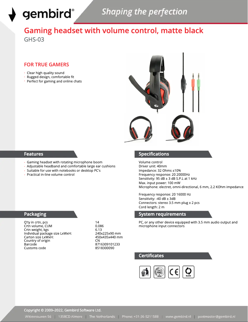 Page 1 of the manual User Manual Gembird GHS-03