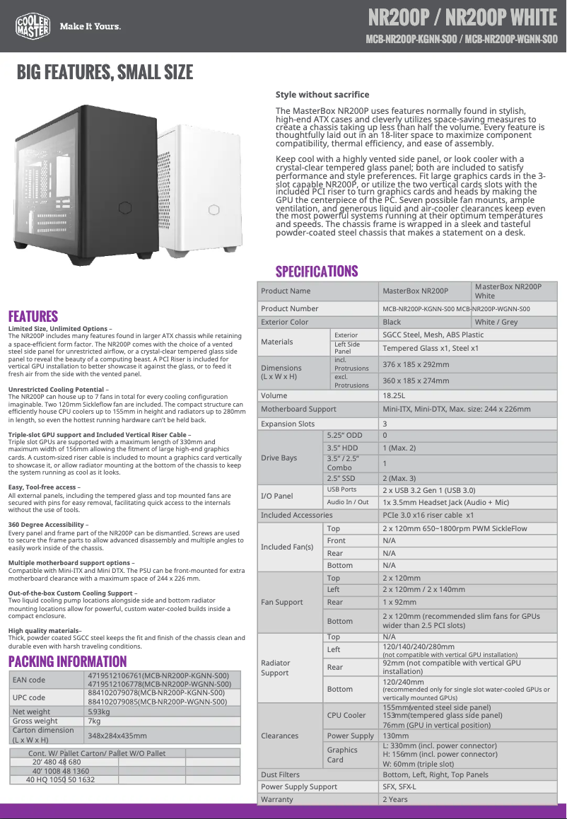 First page image of the manual for MasterBox NR200P