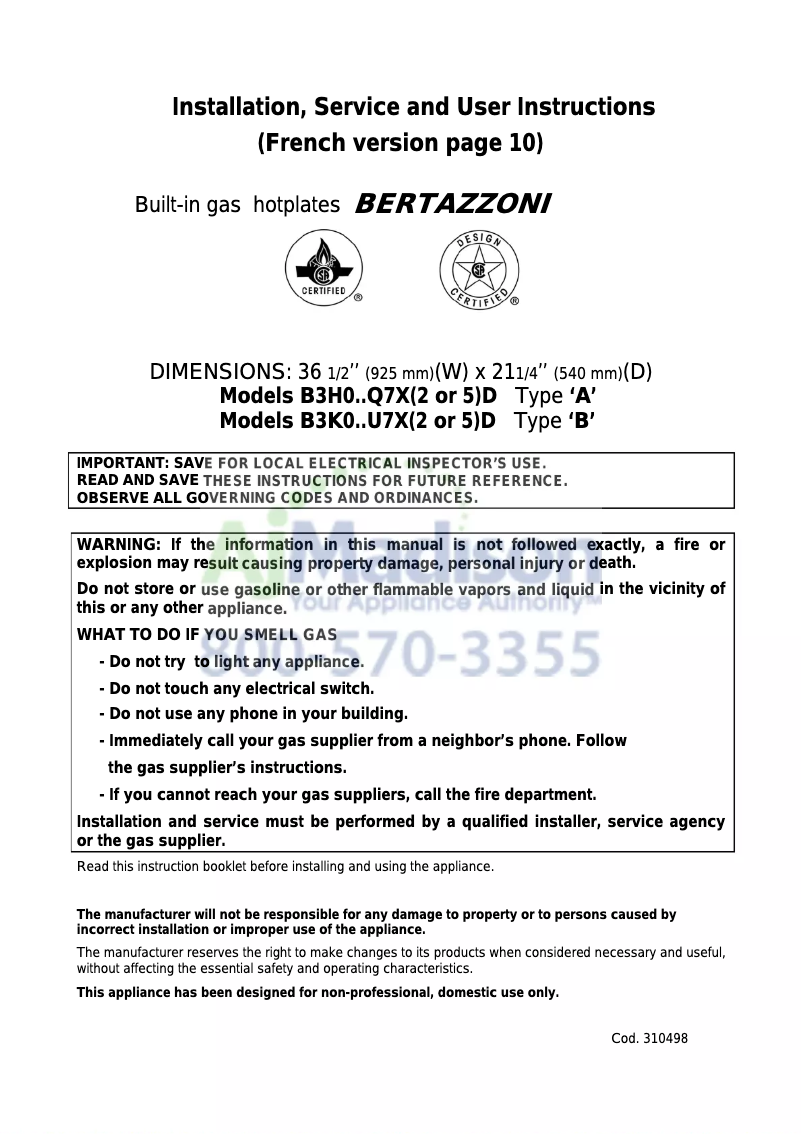 Page 1 of the manual User Manual Bertazzoni QB36500XLP
