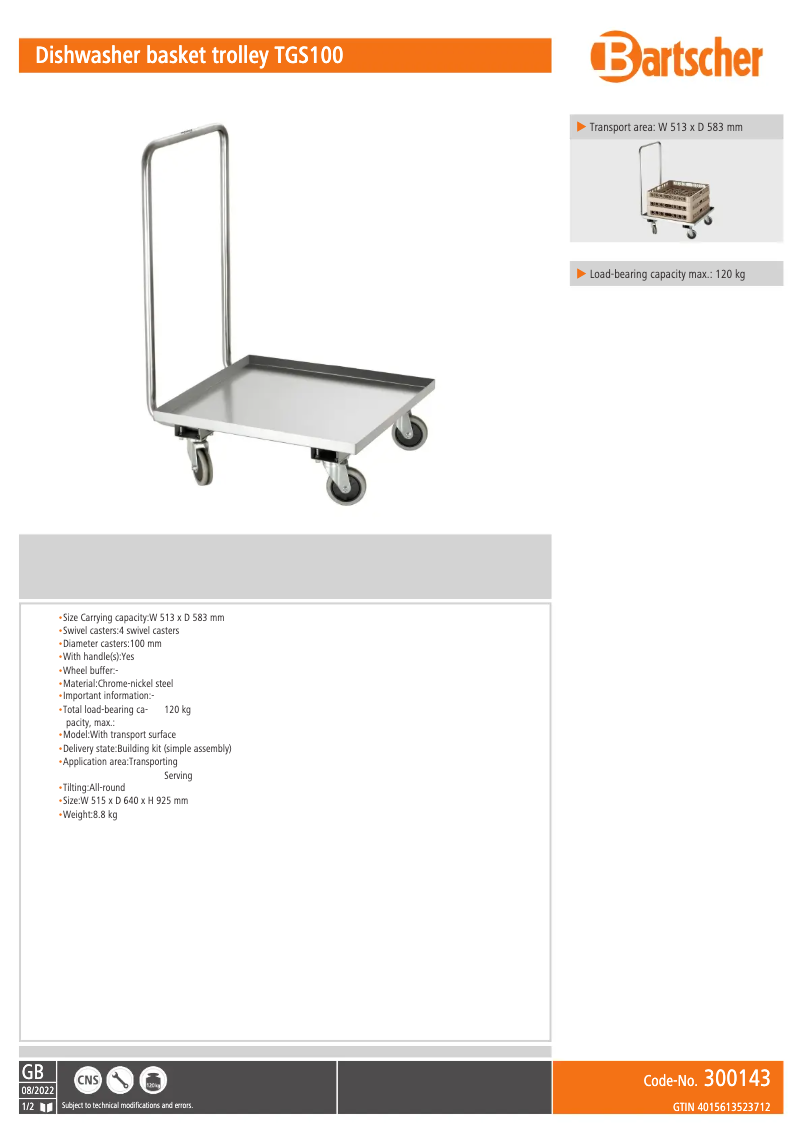Page 1 of the manual Technical Sheet Bartscher TGS100