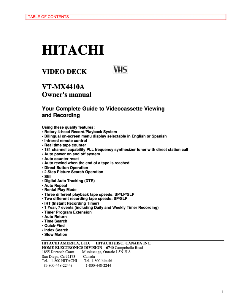 Page 1 of the manual User Manual Hitachi VT-MX4410A