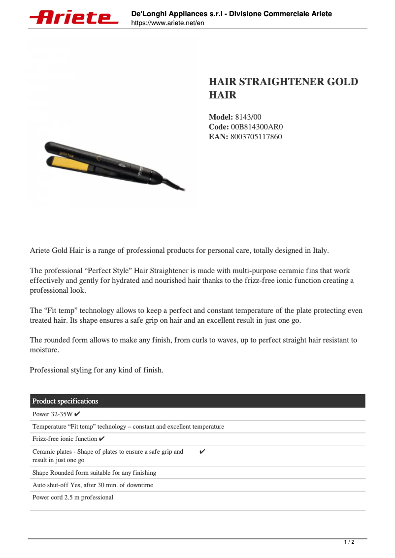 Page 1 of the manual Technical Sheet Ariete Gold Hair 8143