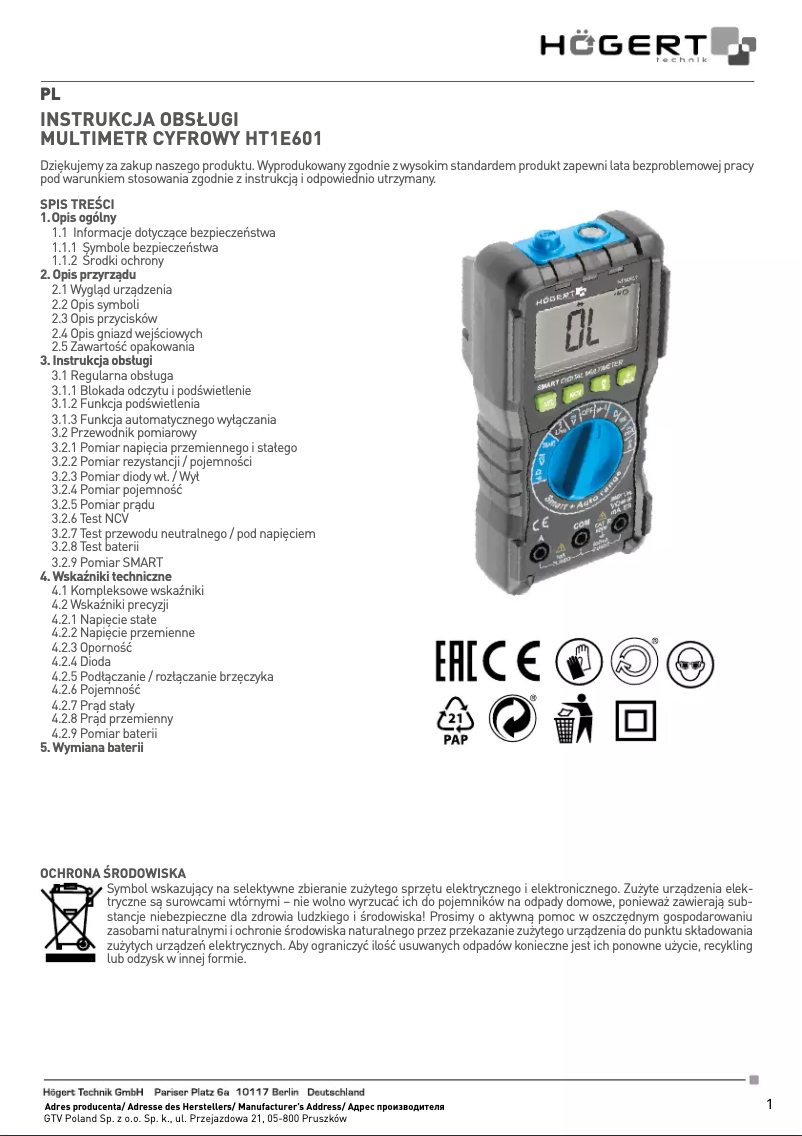 First page image of the manual for HT1E601
