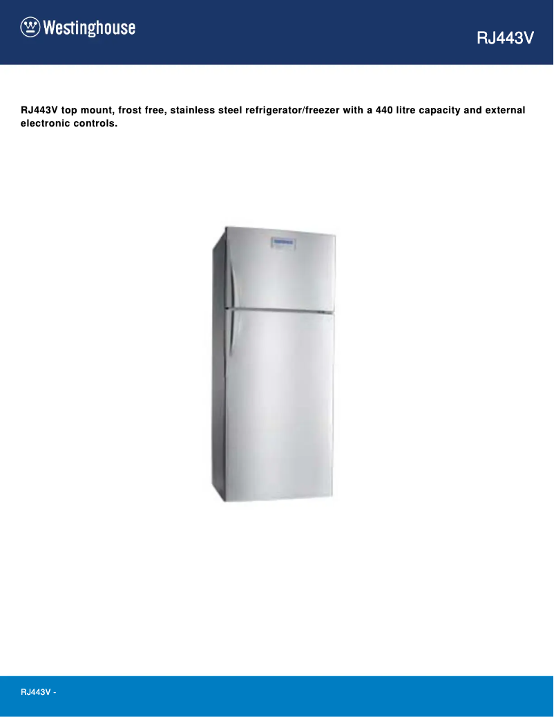 Page 1 of the manual Technical Sheet Westinghouse RJ443V