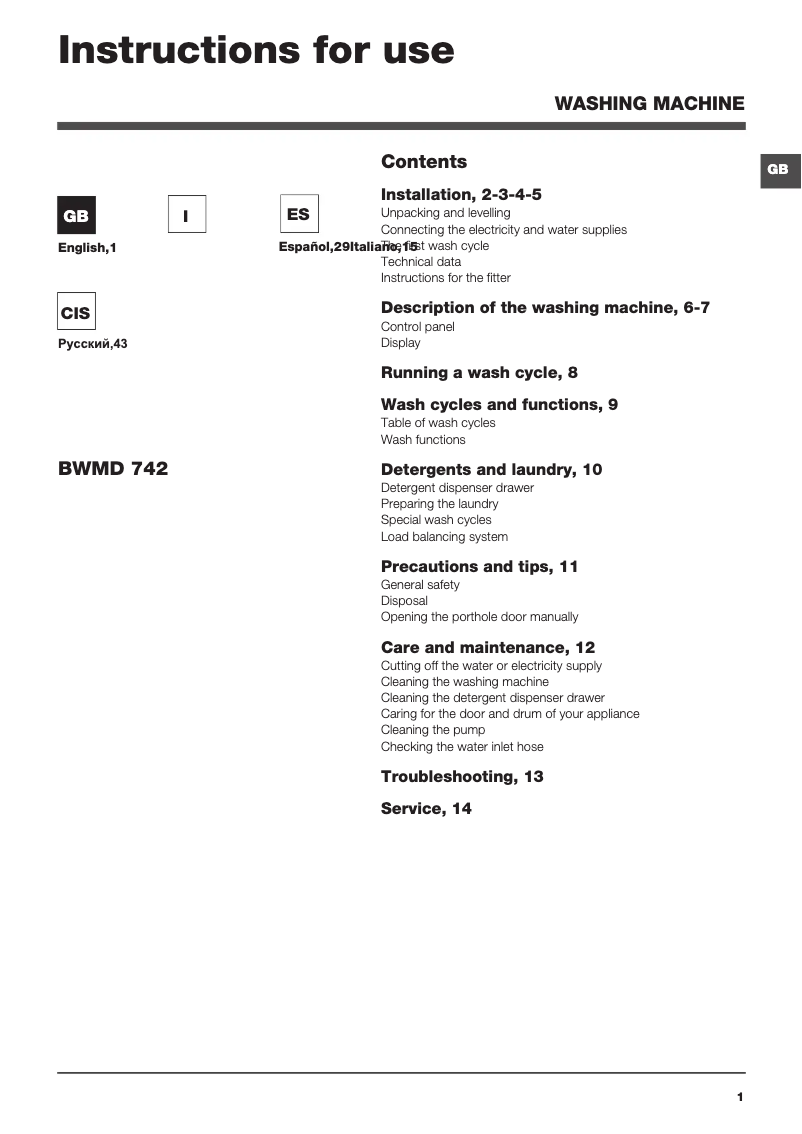 First page image of the manual for BWMD 742 (EU)