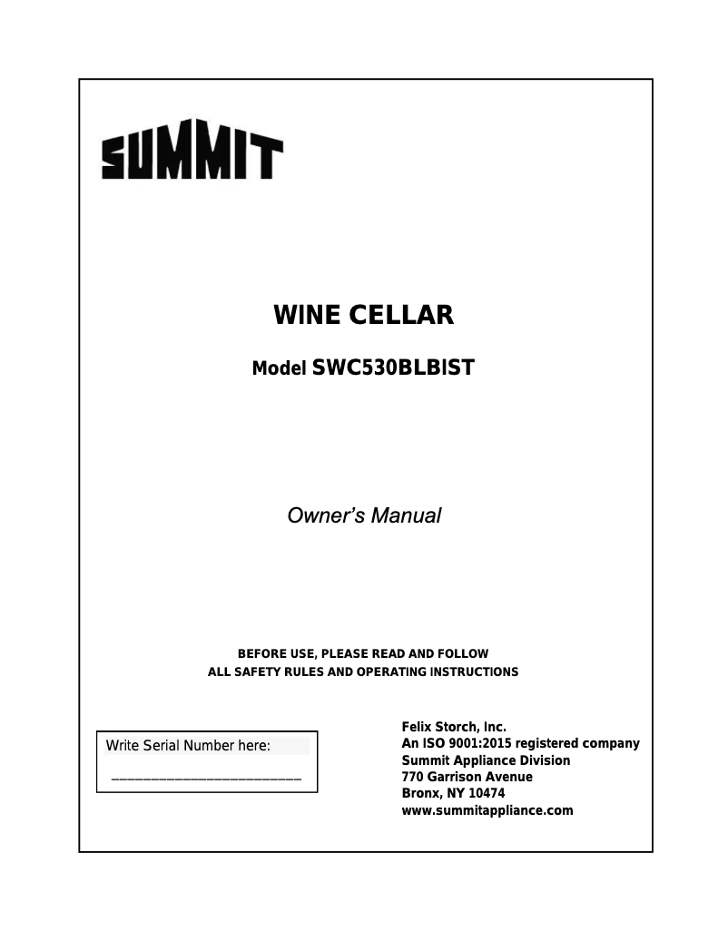 First page image of the manual for SWC530BLBIST