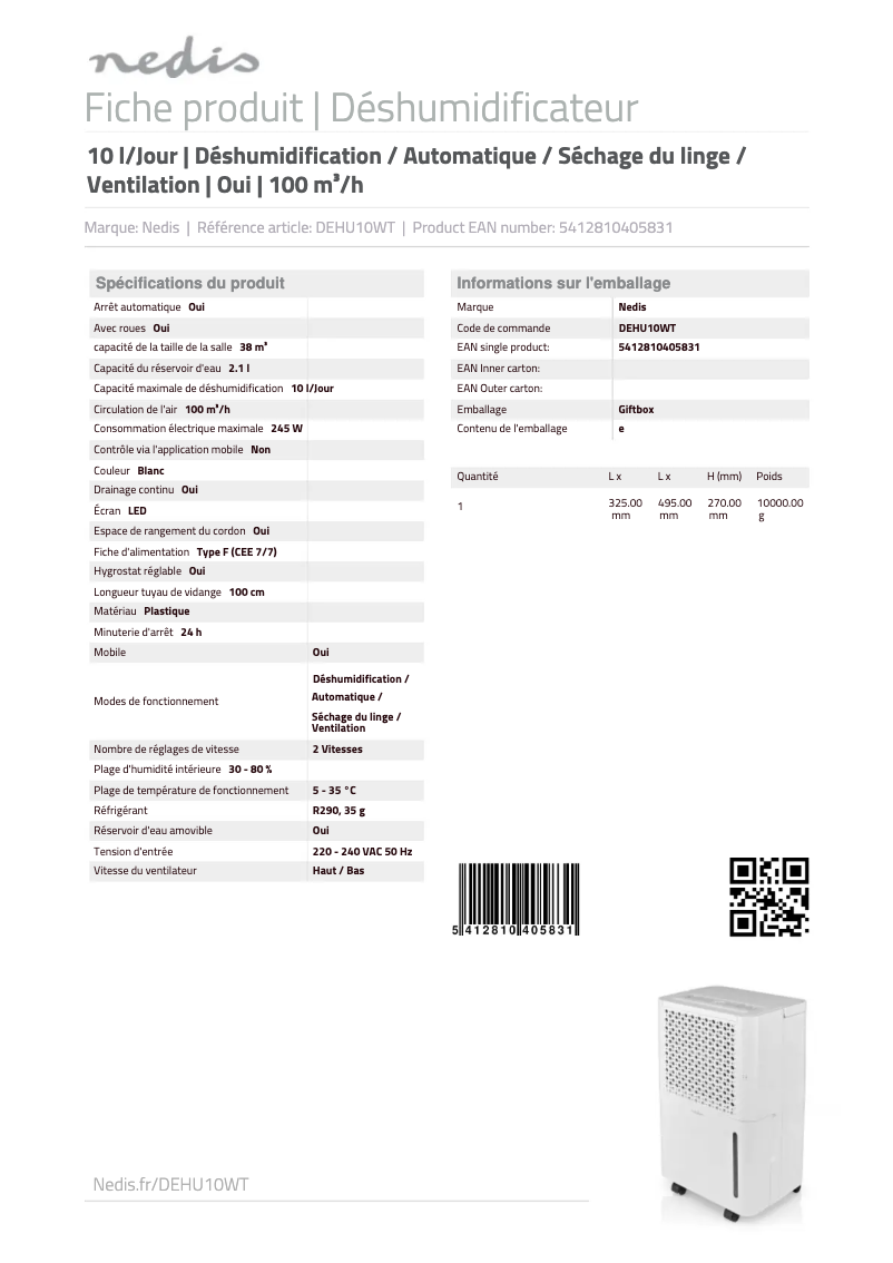 Page 1 of the manual Technical Sheet Nedis DEHU10WT