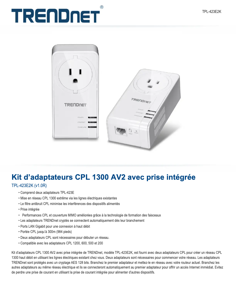 Page 1 of the manual Technical Sheet TRENDnet TPL-423E2K