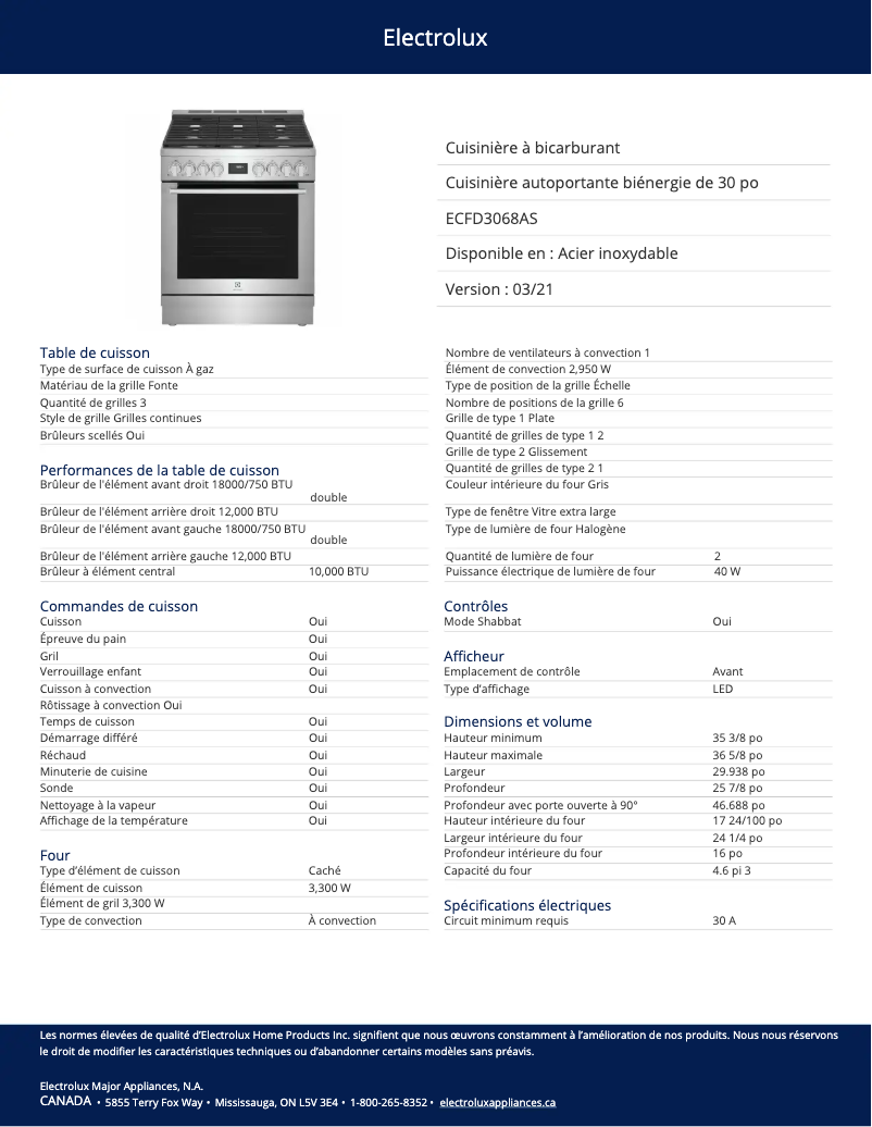 Page 1 of the manual Technical Sheet Electrolux ECFD3068AS