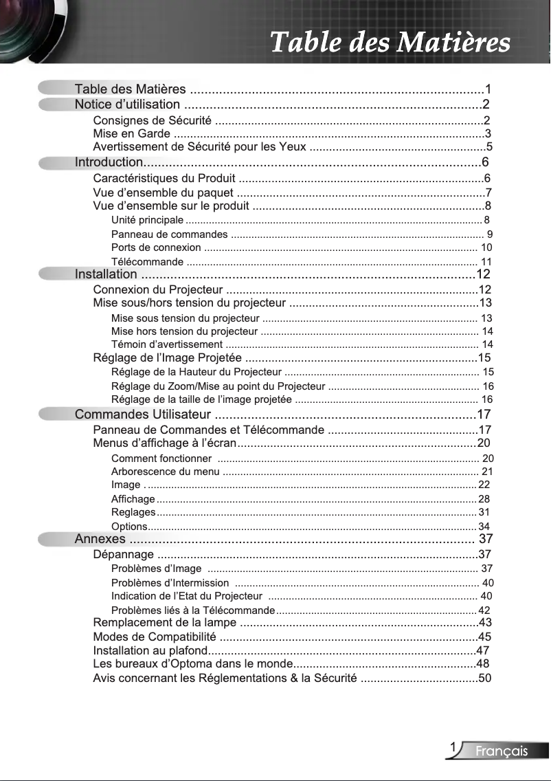 Page 1 of the manual User Manual Optoma HD700X