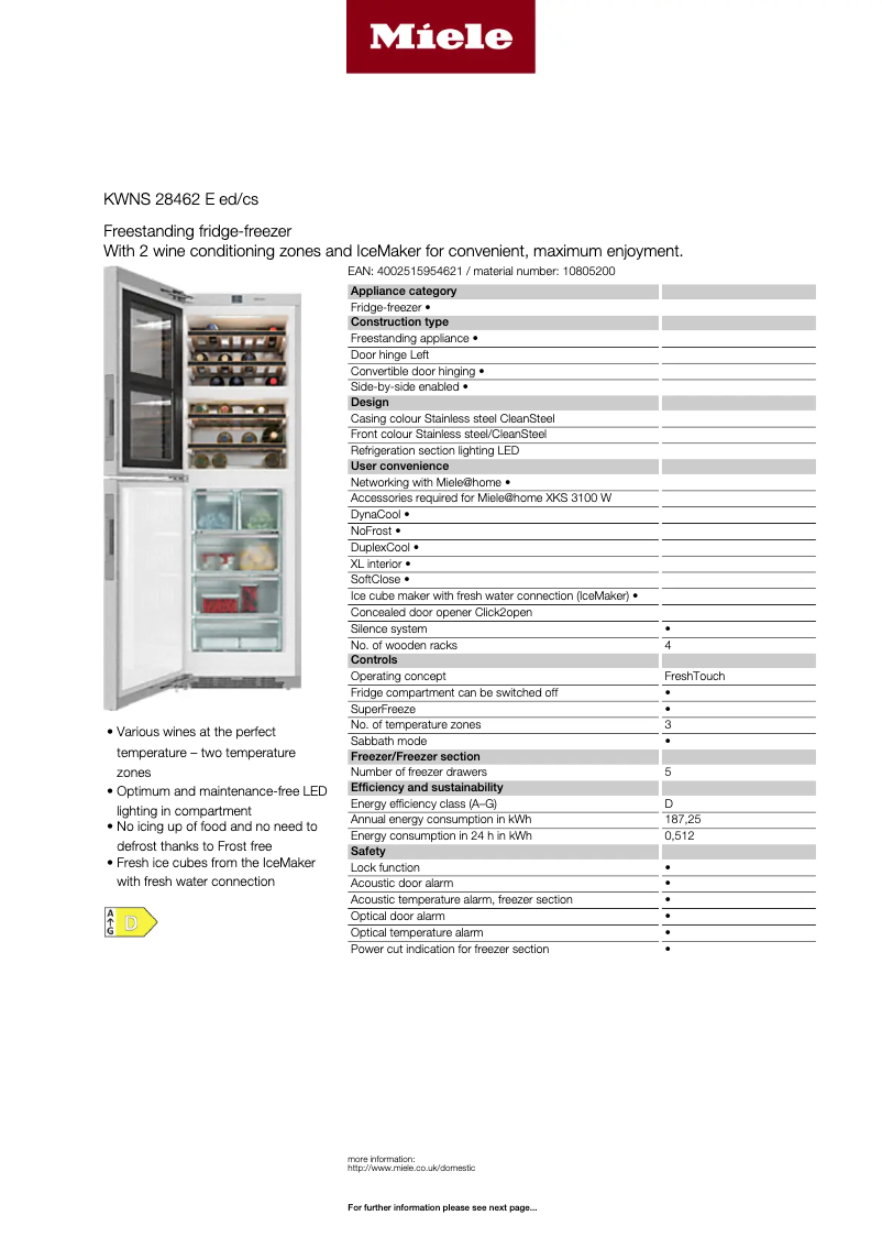 Page 1 of the manual Technical Sheet Miele KWNS 28462 E