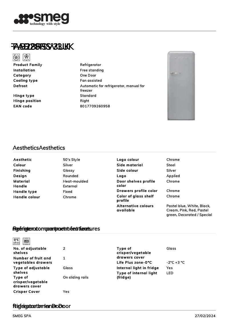 Page 1 of the manual Technical Sheet Smeg FAB28RSV3UK