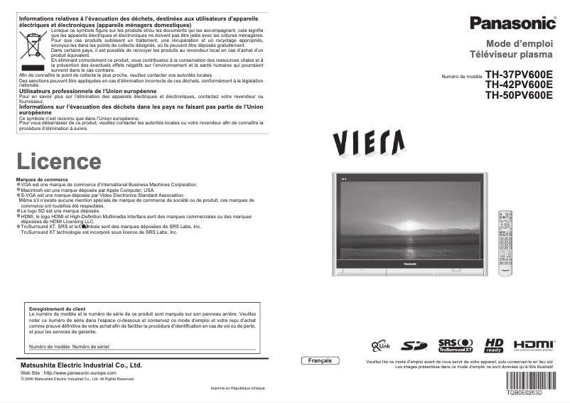 First page image of the manual for TH-50PV600E