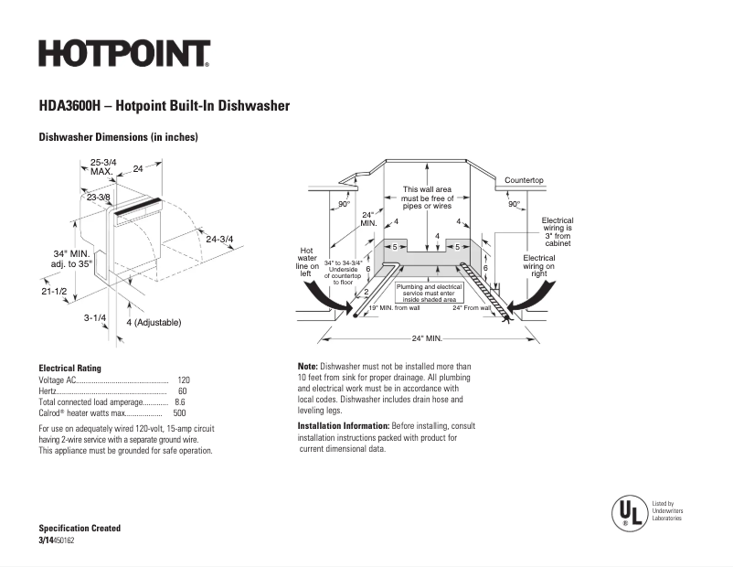 Page 1 of the manual Technical Sheet Hotpoint HDA3600HWW