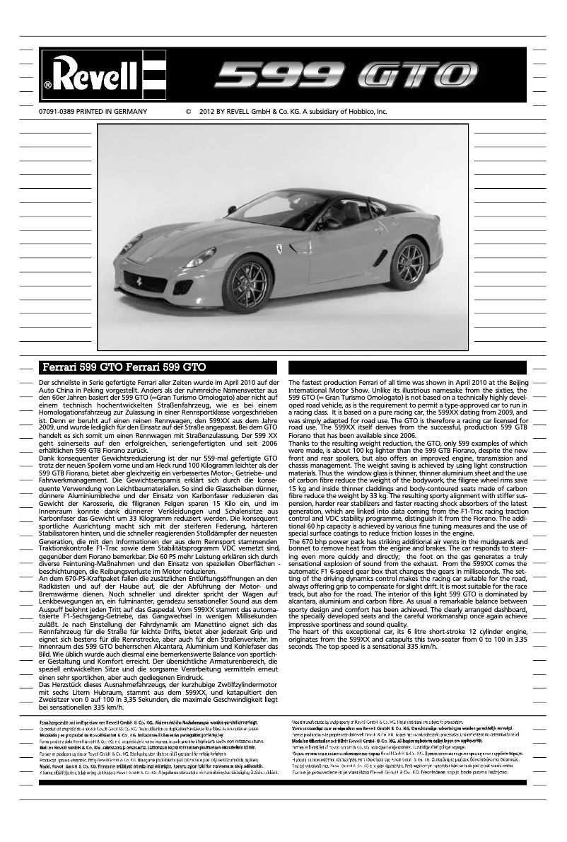 Page 1 of the manual User Manual Revell Ferrari 599 GTO