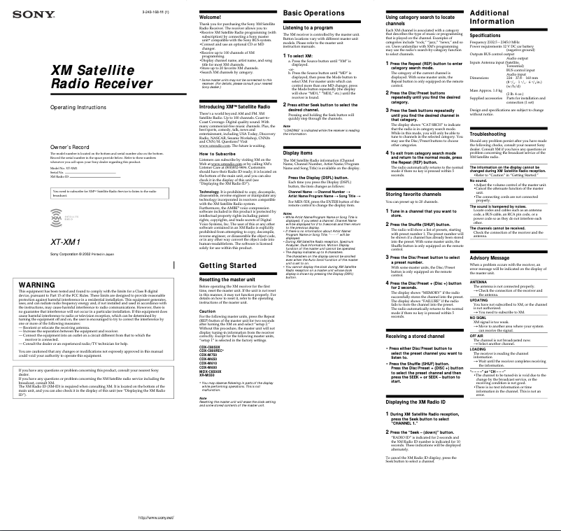 Page 1 of the manual User Manual Sony CDX-M620