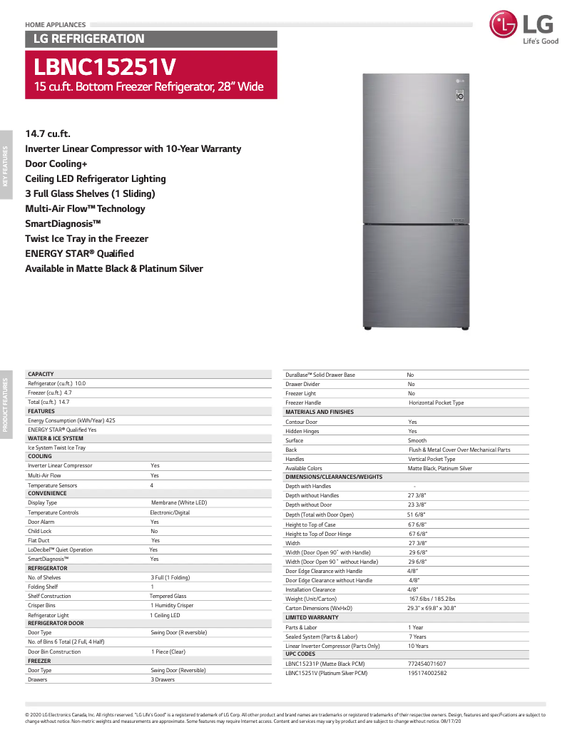 Page 1 of the manual Technical Sheet LG LBNC15251V