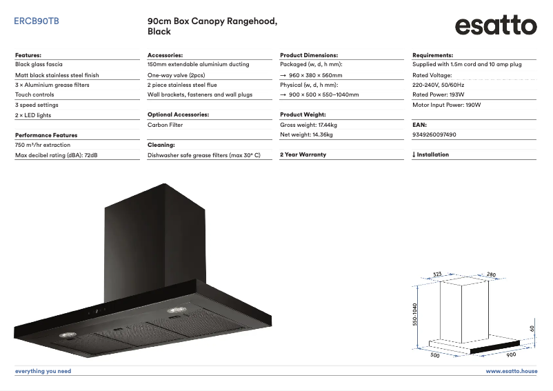 Page 1 of the manual Technical Sheet Esatto ERCB90TB