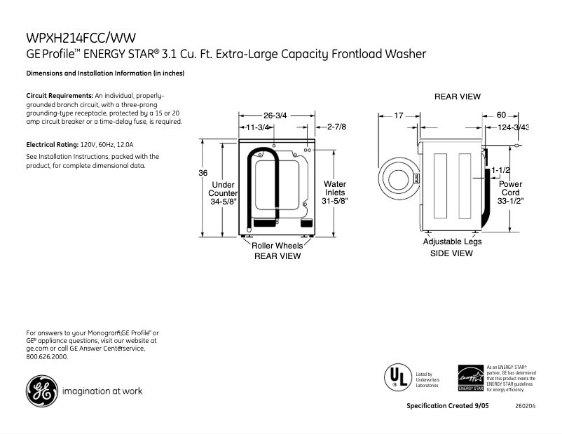 Page 1 of the manual Technical Sheet GE Profile WPXH214FWW