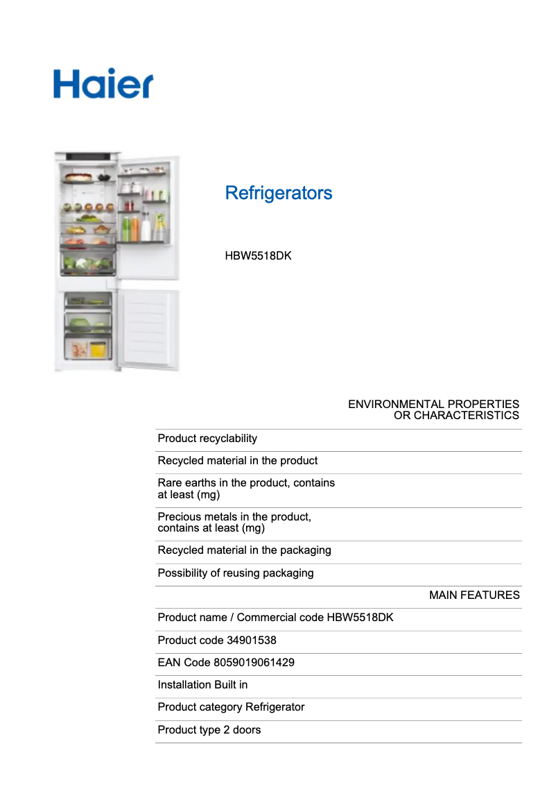 Page 1 of the manual Technical Sheet Haier HBW5518