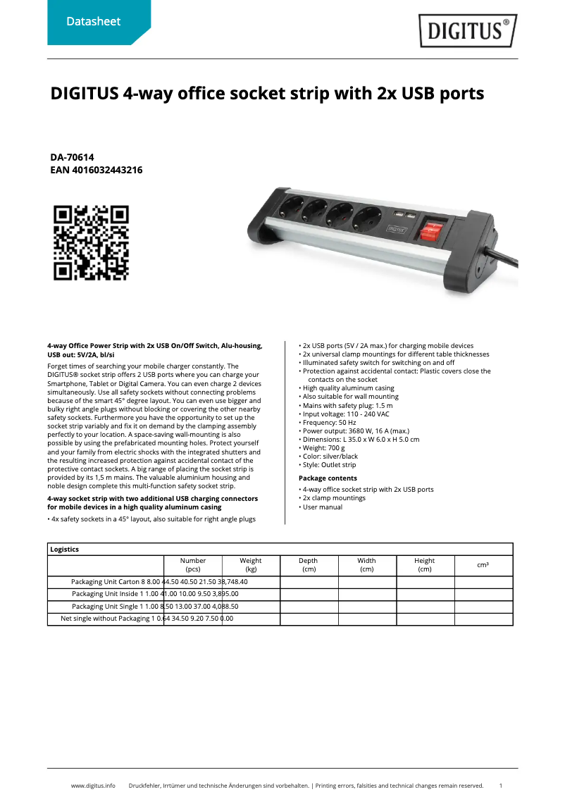 Page 1 of the manual Technical Sheet Digitus DA-70614