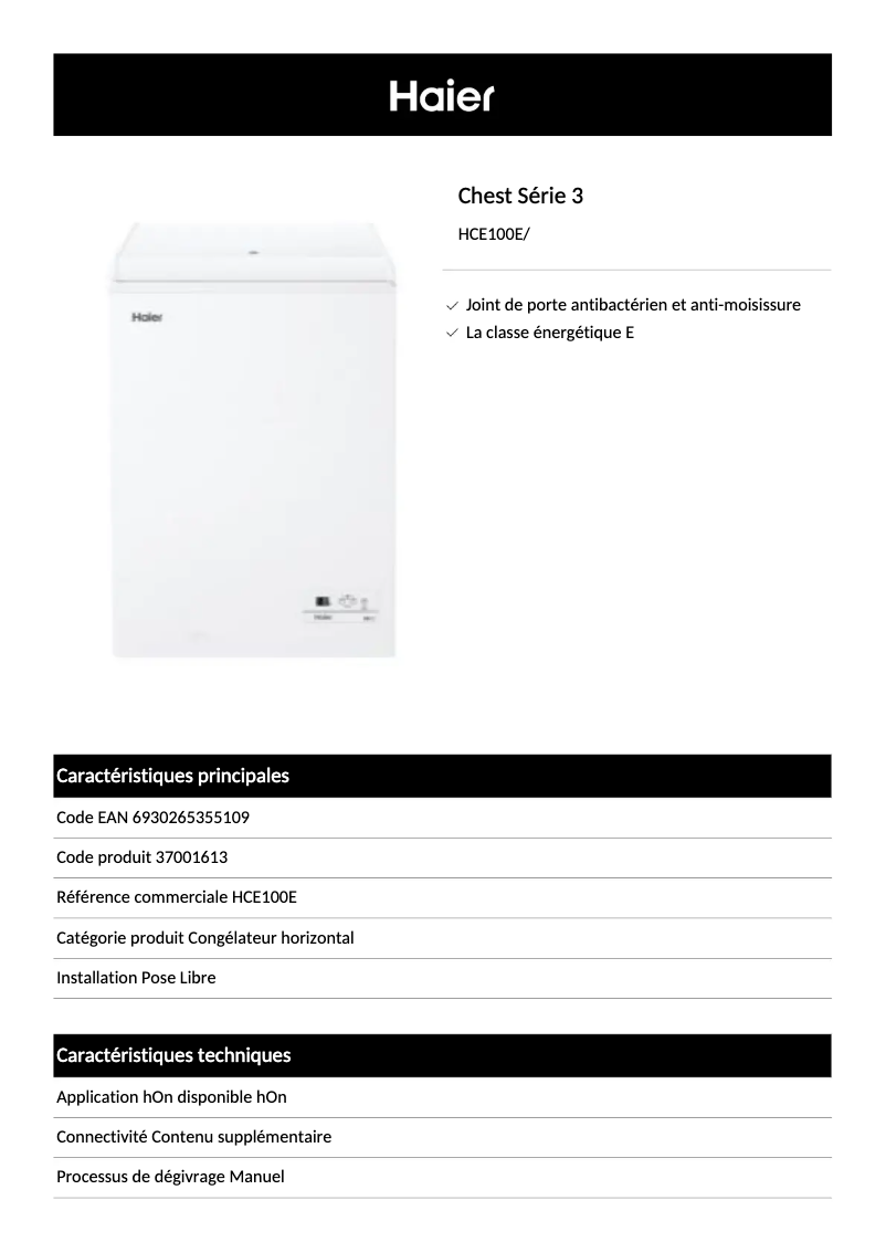 Page 1 of the manual Technical Sheet Haier HCE100E
