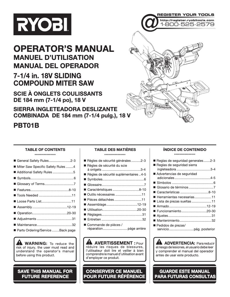 Page 1 of the manual User Manual RYOBI PBT01B
