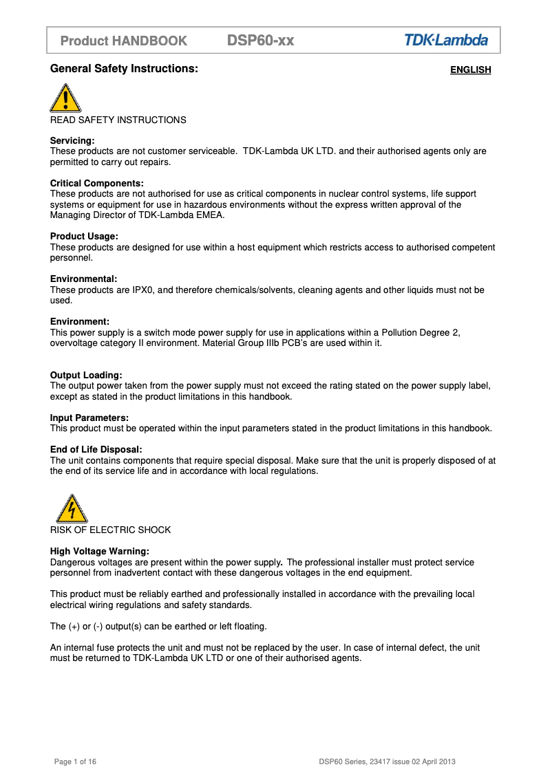 Page 1 of the manual User Manual TDK-Lambda DSP60-12