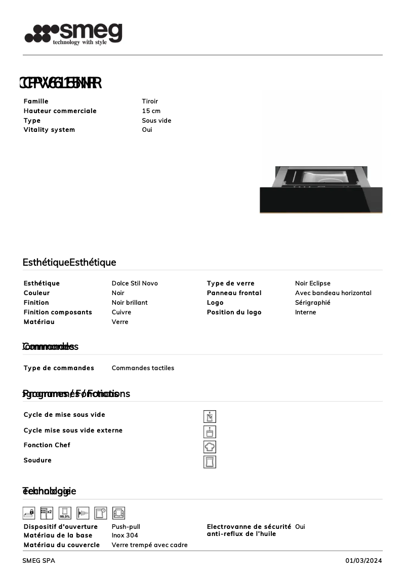 Page 1 de la notice Fiche technique Smeg CPV615NR