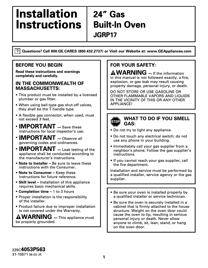 First page image of the manual for JGRP17WEWWW