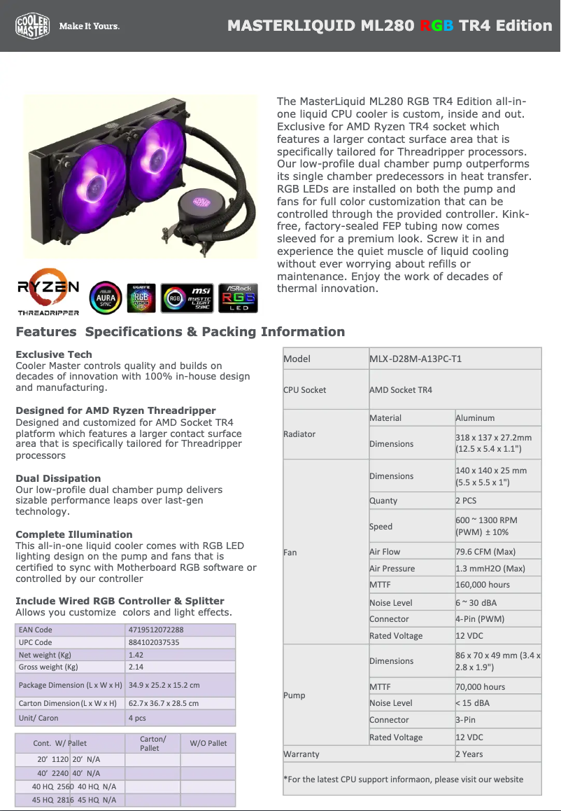 Page 1 of the manual User Manual Cooler Master MasterLiquid ML280 TR4