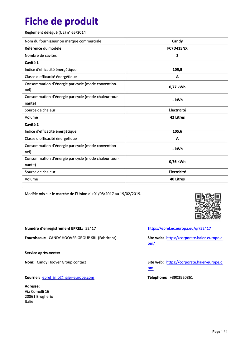 Page 1 of the manual User Manual Candy FC7D415NX