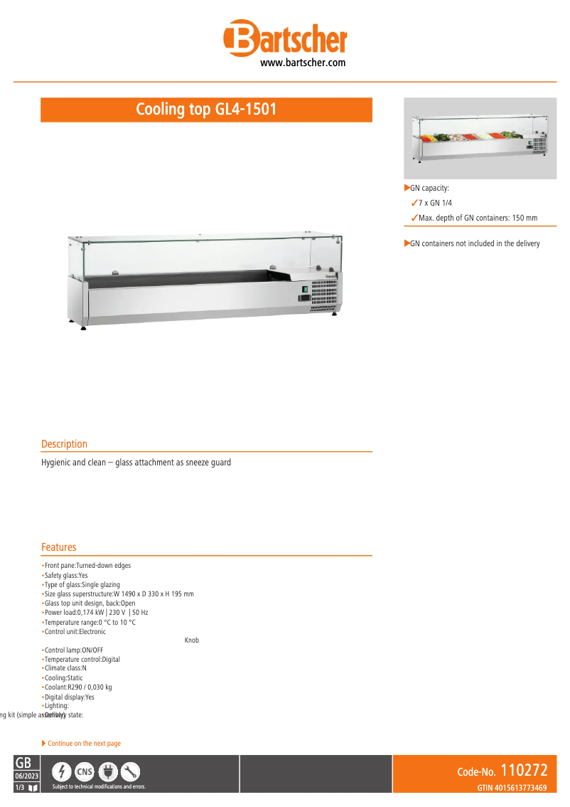 Page 1 of the manual Technical Sheet Bartscher GL4-1501