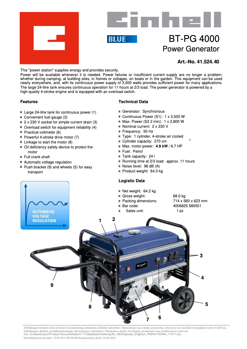 Page 1 of the manual User Manual Einhell BT-PG 4000