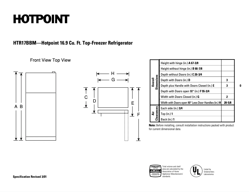 Page 1 of the manual Technical Sheet Hotpoint HTR17BBMRWW