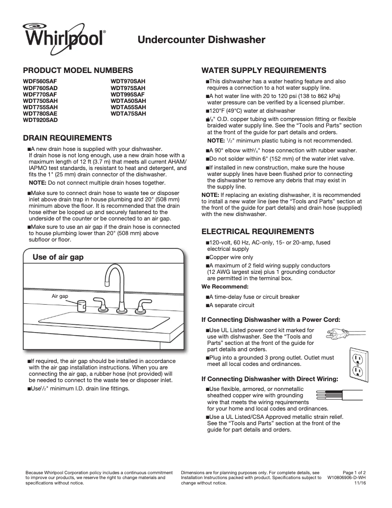 Page 1 of the manual Technical Sheet Whirlpool WDT975SAHZ