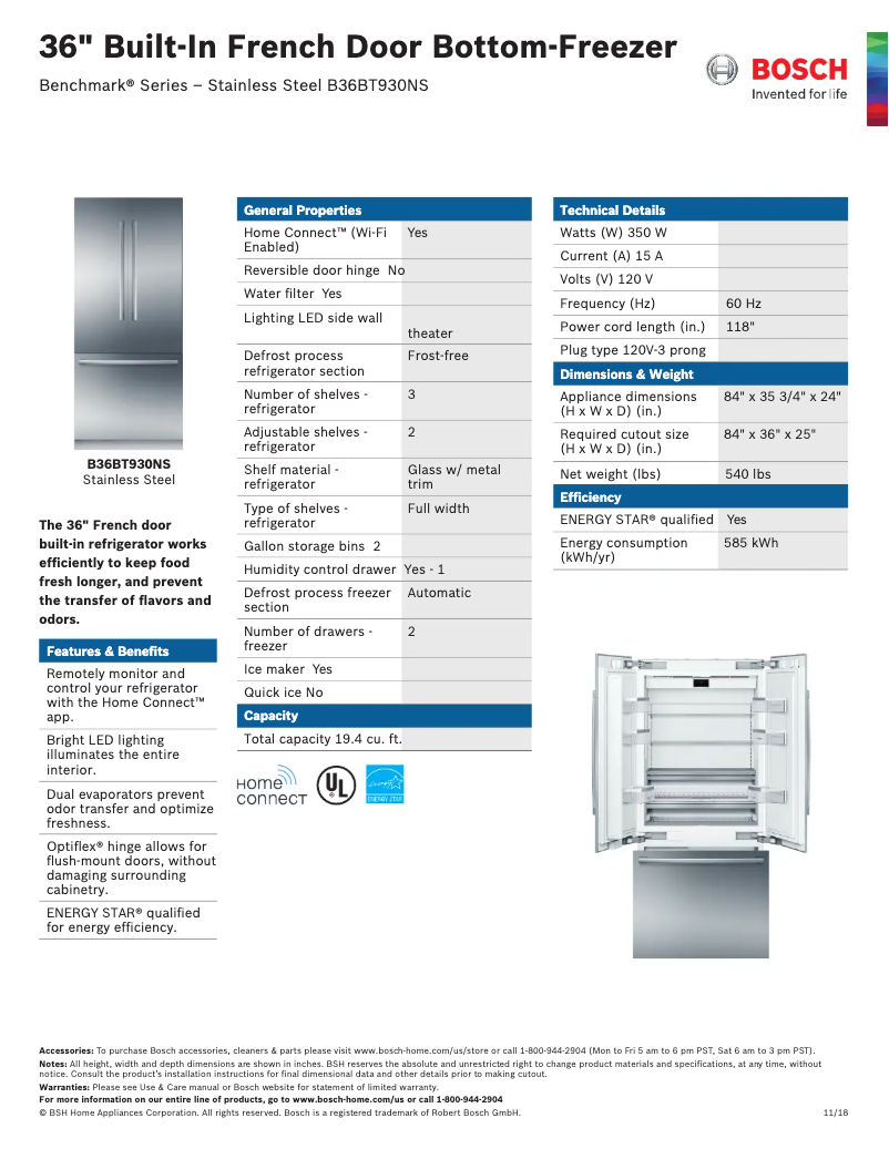 Page 1 of the manual Technical Sheet Bosch B36BT930NS