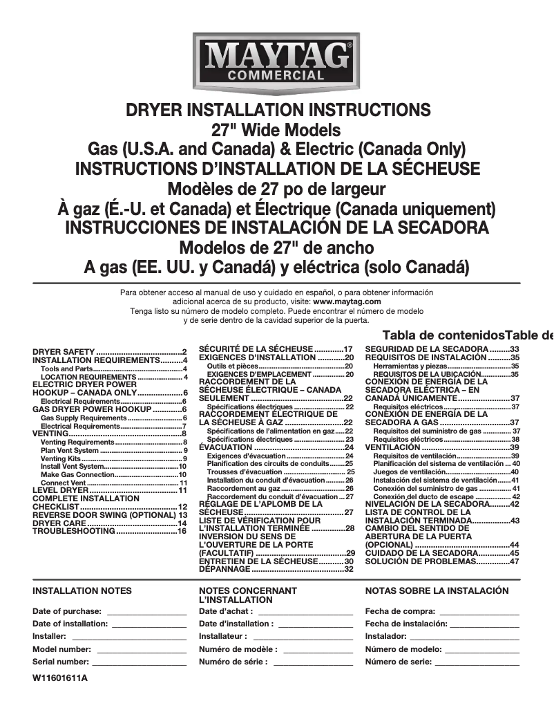 Page 1 of the manual Installation Guide Maytag MEDP585GW