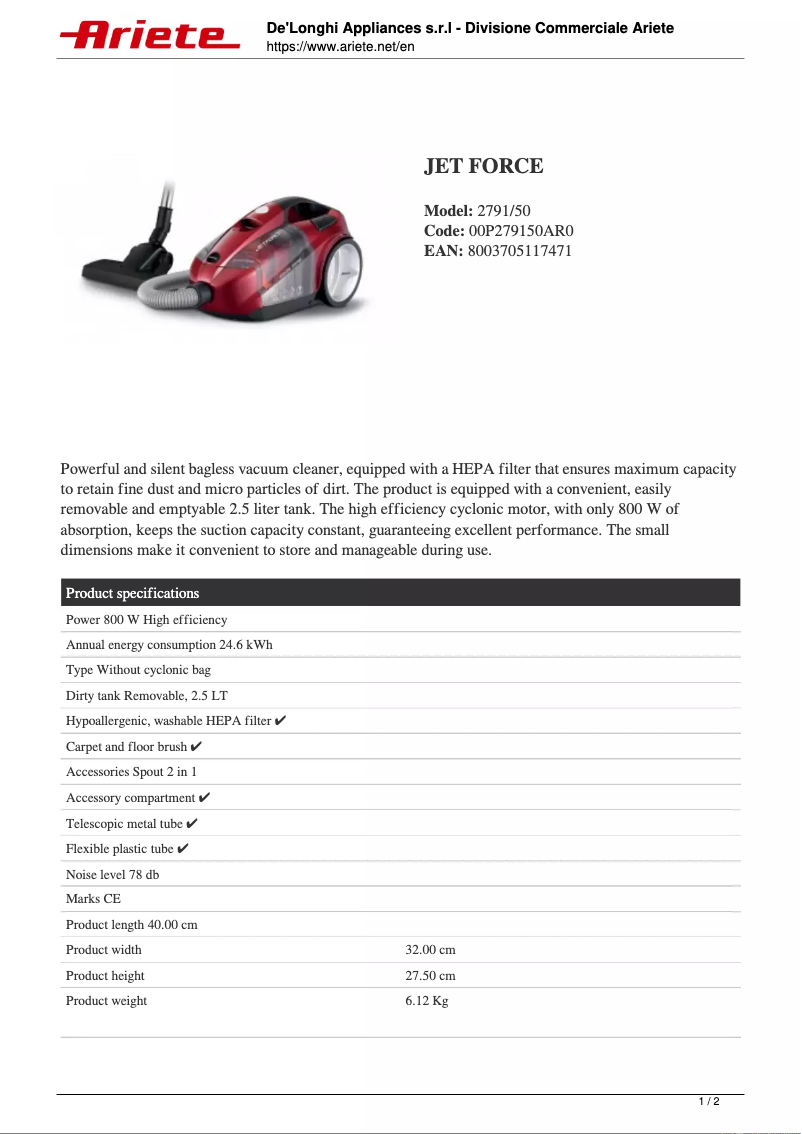 Page 1 of the manual Technical Sheet Ariete Jet Force 2791