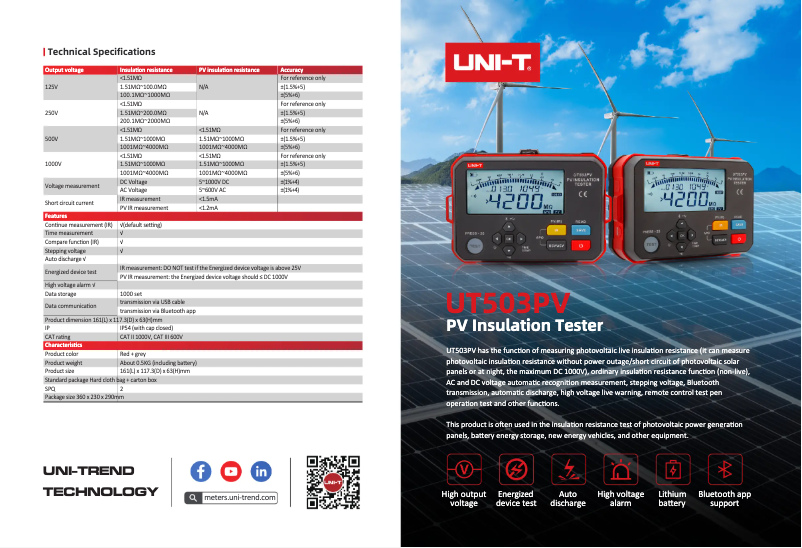 Page 1 de la notice Fiche technique Uni-T UT503PV