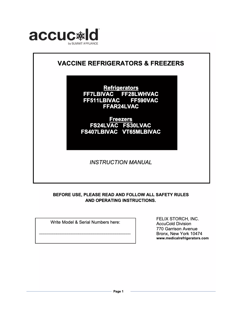 Page 1 of the manual Use and Maintenance Manual Summit Accucold FS30LVAC
