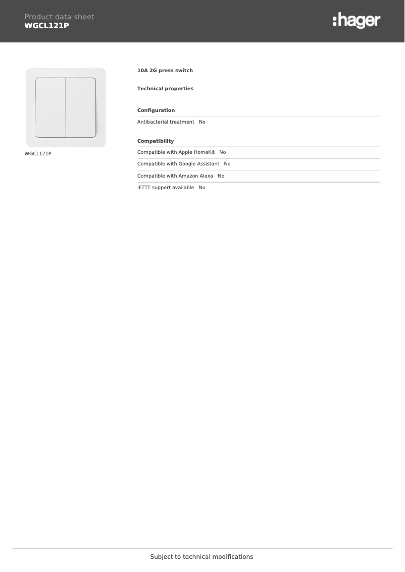 Page 1 of the manual Technical Sheet Hager WGCL121P