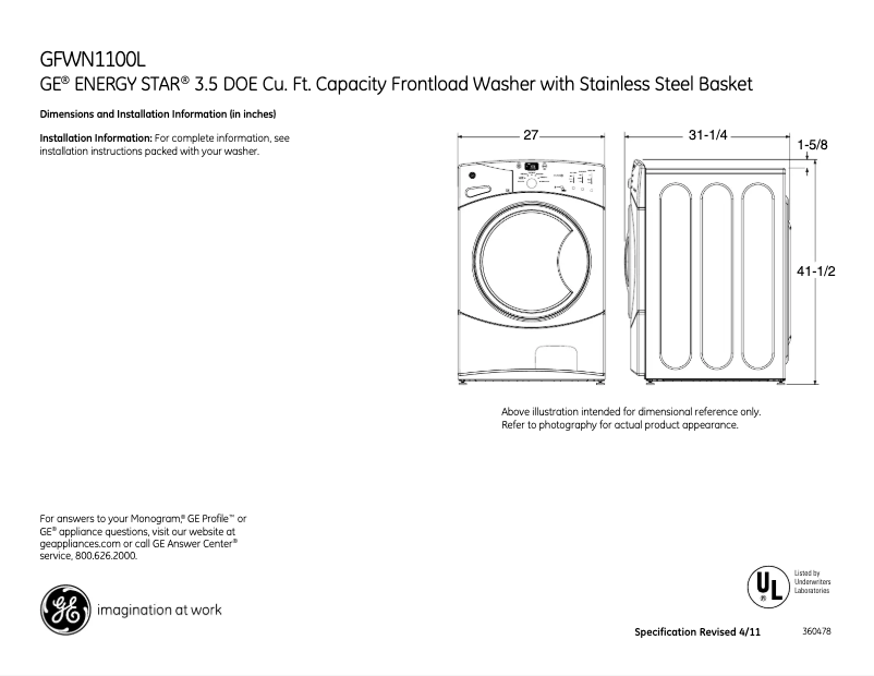 Page 1 of the manual Technical Sheet GE GFWN1100LWW