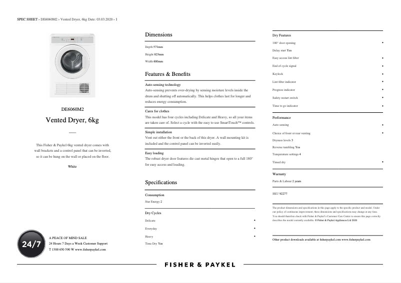 Page 1 de la notice Fiche technique Fisher & Paykel DE6060M2