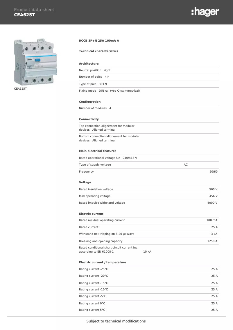 Page 1 of the manual Technical Sheet Hager CEA625T