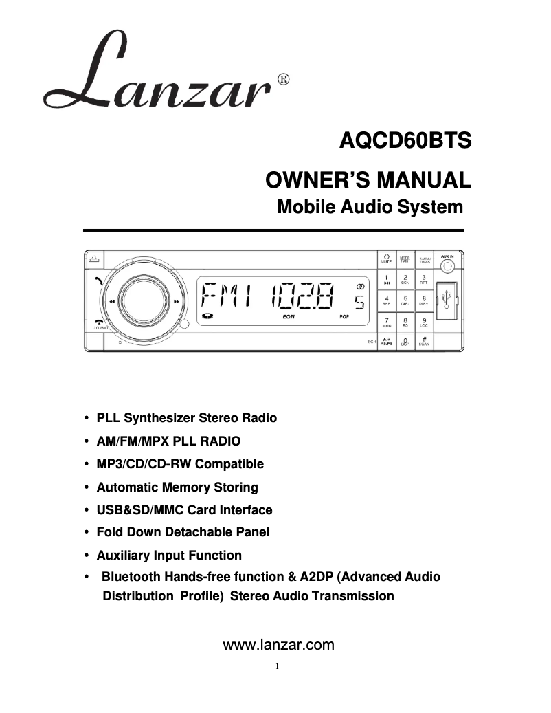 Page 1 of the manual User Manual Lanzar AQCD60BTS