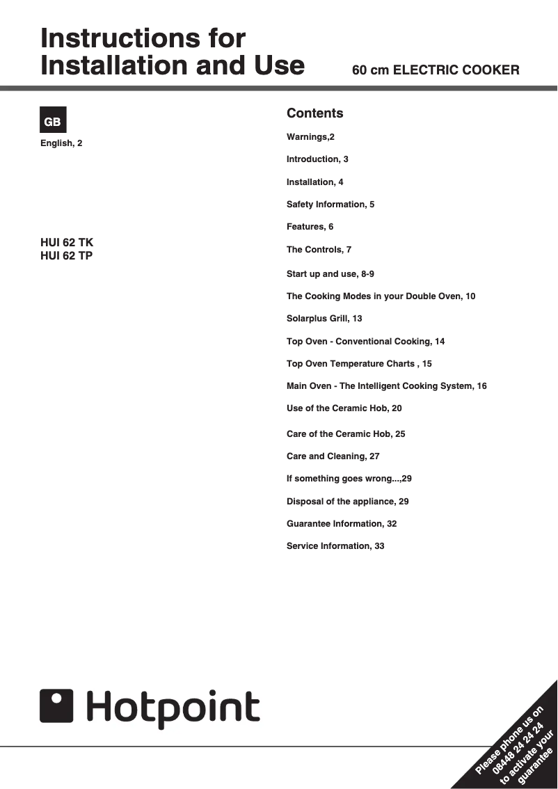 Page 1 of the manual User Manual Hotpoint HUI62TK