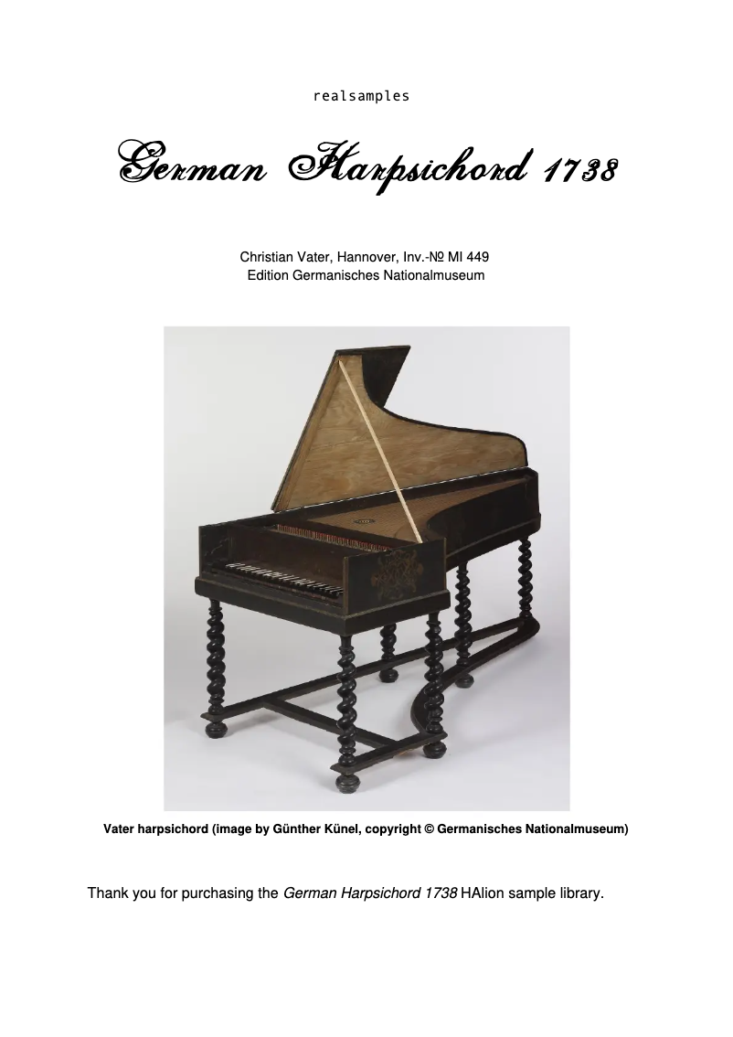First page image of the manual for German Harpsichord 1738