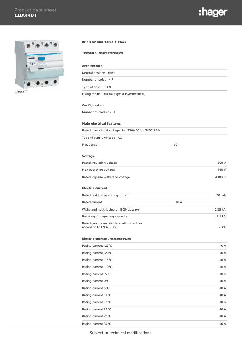 Page 1 of the manual Technical Sheet Hager CDA440T